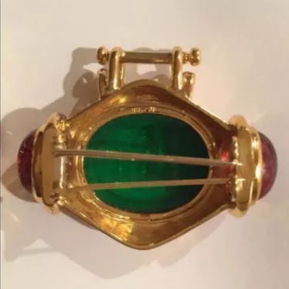 TAGLIAMONTE 18K GOLD VENETIAN GLASS WITH RUBY CABACHON BROOCH 2 PIECES - Picture 5 of 7